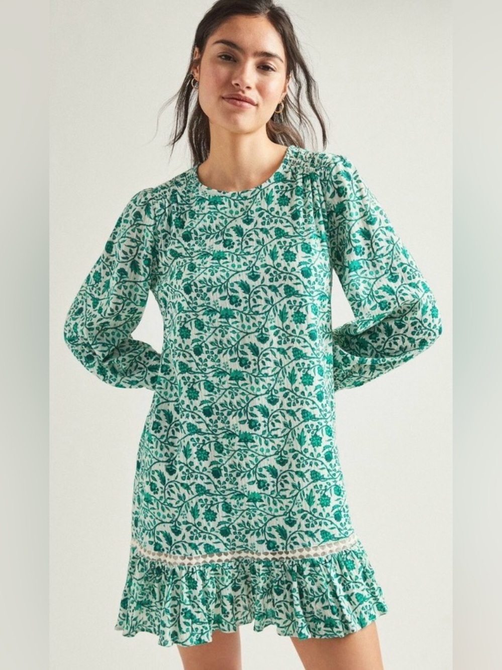 Anthropologie Beau Mini Green and White Floral Ruffle-Hem Dress XL